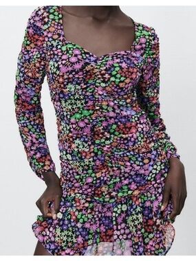 Zara Ruched Chiffon Draped Multicolor Floral Long Sleeve Dress Size Small